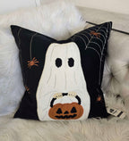 Halloween Ghost Throw Pillow Set of 2 with Embroidered Pumpkin Detail - Black