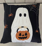 Halloween Ghost Throw Pillow Set of 2 with Embroidered Pumpkin Detail - Black