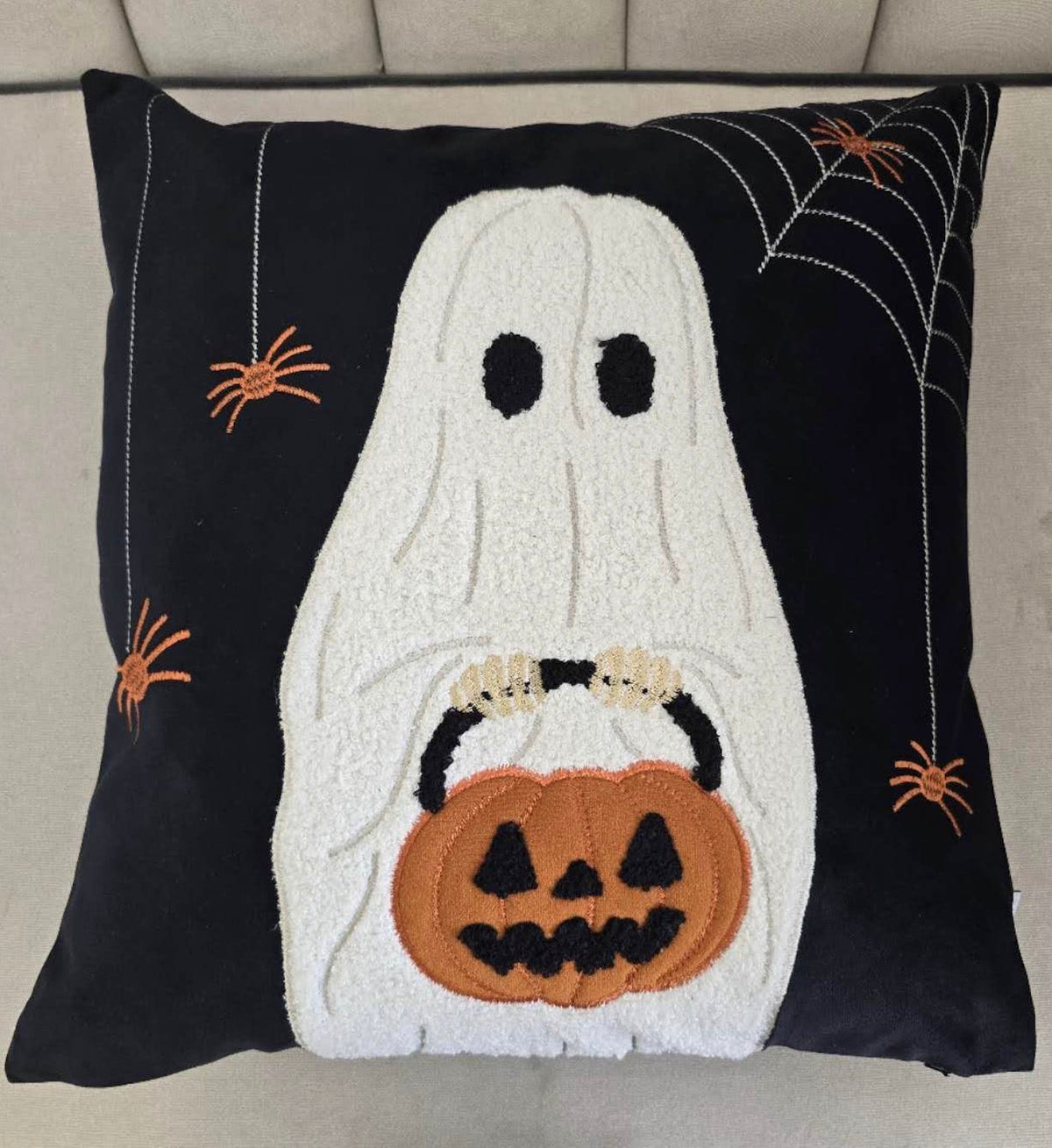 Halloween Ghost Throw Pillow Set of 2 with Embroidered Pumpkin Detail - Black