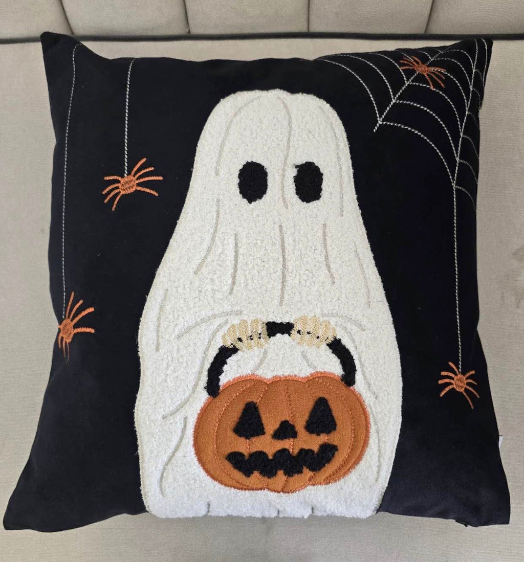 Halloween Ghost Throw Pillow Set of 2 with Embroidered Pumpkin Detail - Black