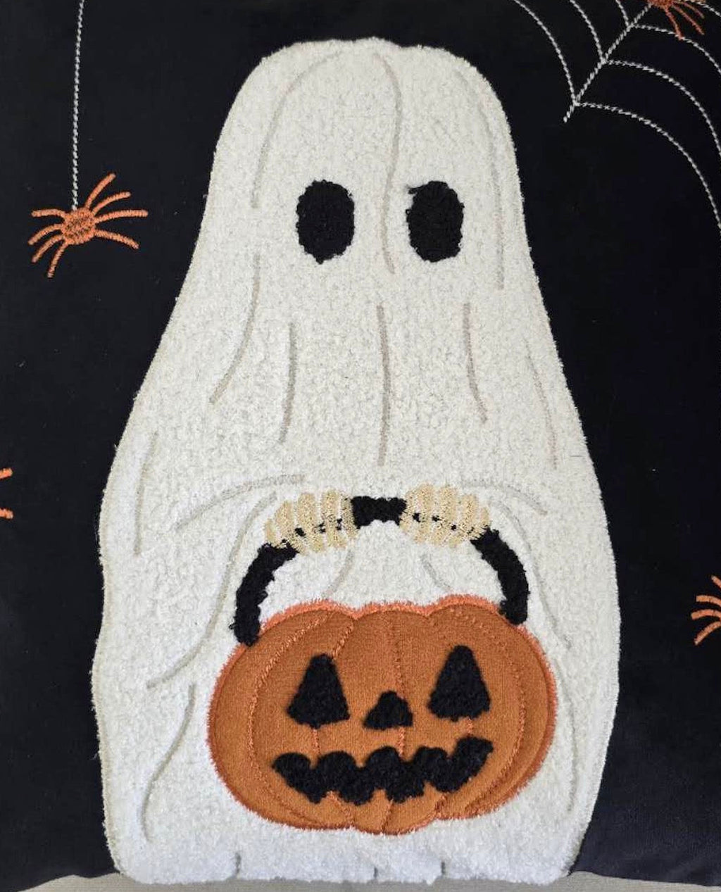 Halloween Ghost Throw Pillow Set of 2 with Embroidered Pumpkin Detail - Black