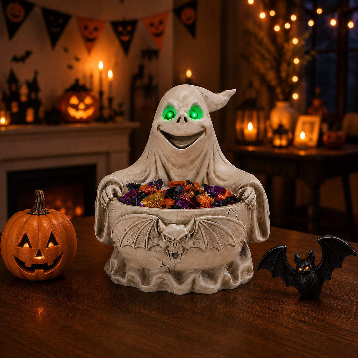 Halloween Ghost Storage Bowl Figurine with LED Light - White