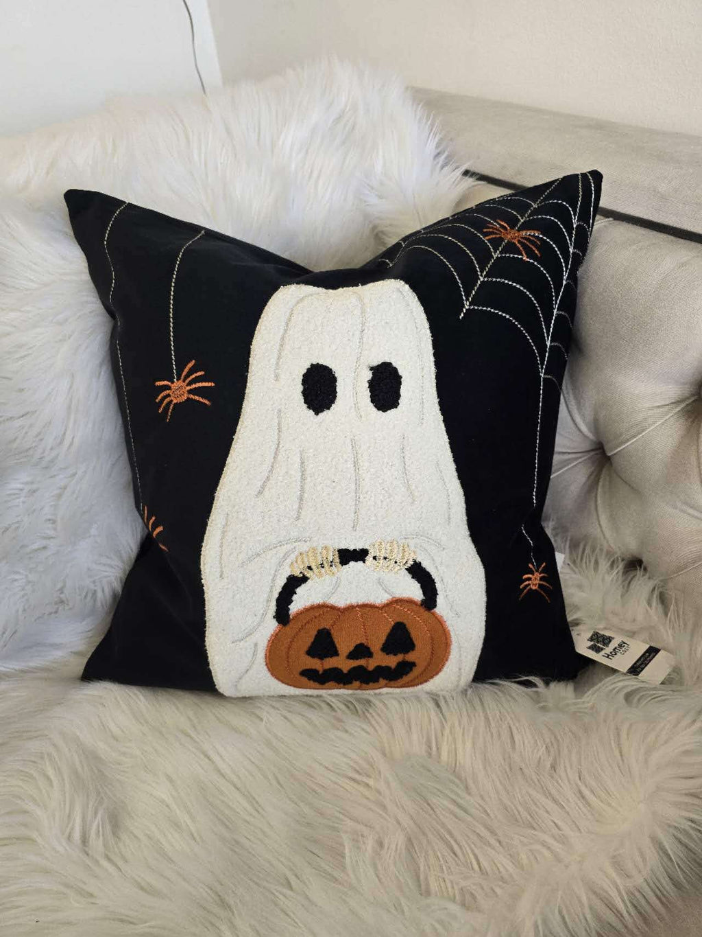 Halloween Ghost Throw Pillow Set of 2 with Embroidered Pumpkin Detail - Black