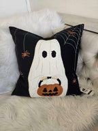 Halloween Ghost Throw Pillow Set of 2 with Embroidered Pumpkin Detail - Black